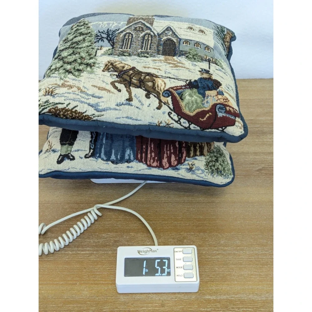 Christmas Snow Scene Tapestry Pillow Set Carolers Church Decor Blue 11x11
